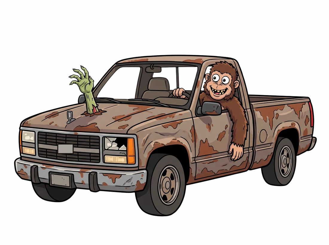Der Affe fährt grinsend einen verrosteten Pickup, auf der Motorhaube steckt eine Zombiehand.
