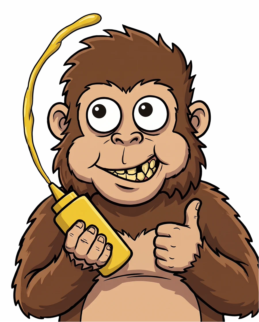 Der Affe drückt grinsend eine Senfflasche aus und zeigt Daumen hoch.