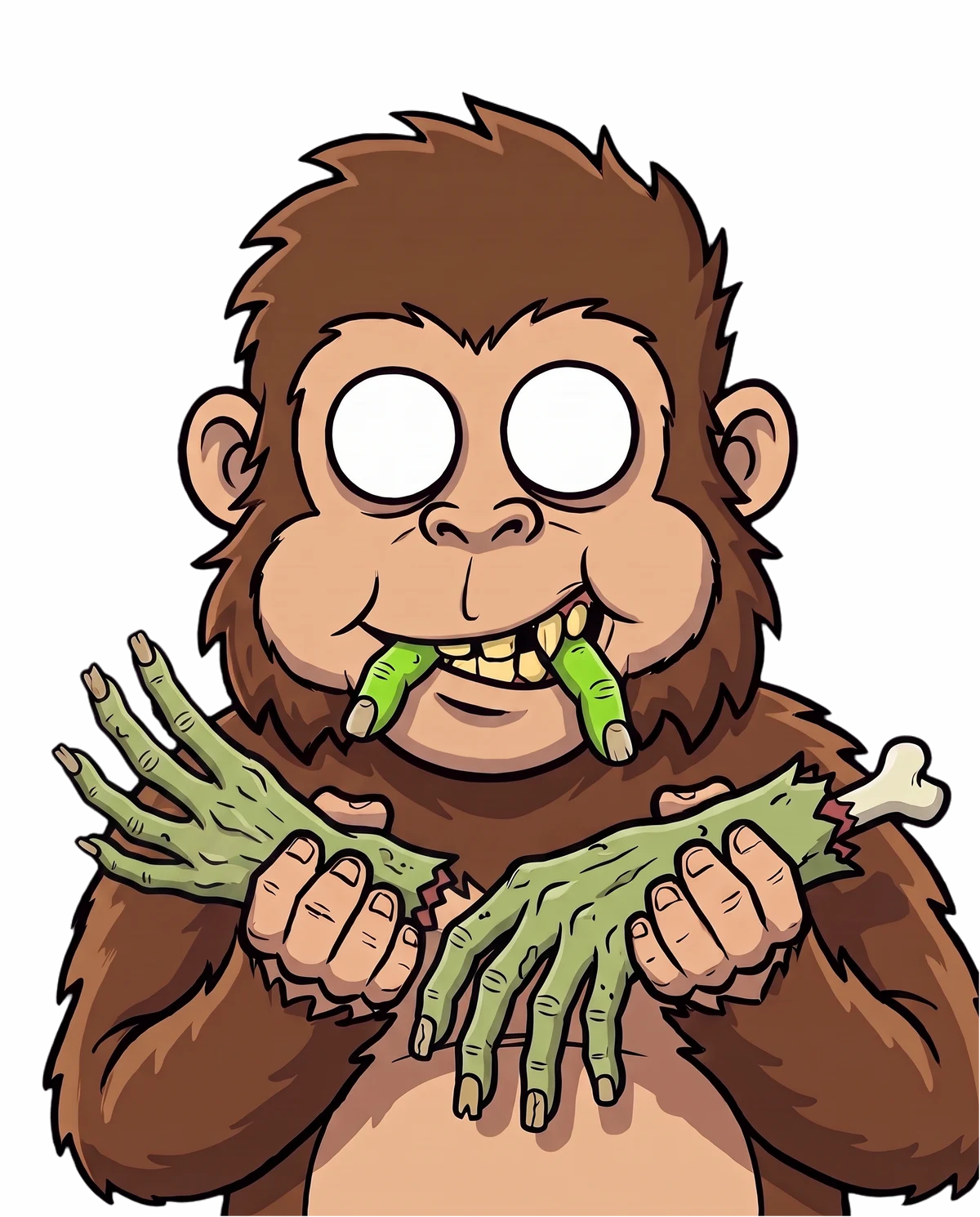 A cheeky cartoon monkey with blank white eyes chewing on the fingers of a zombie hand.